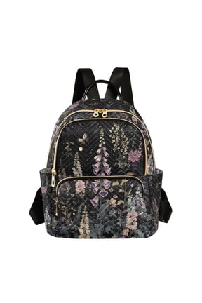 Mini Backpack Purse for Women Quilted Travel Daypack Casual Shoulder Bag, Dark Flowers Pattern