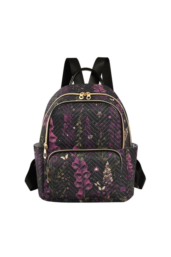 Mini Backpack Purse for Women Travel Daypack Casual Shoulder Bag, Dark Purple Floral Pattern