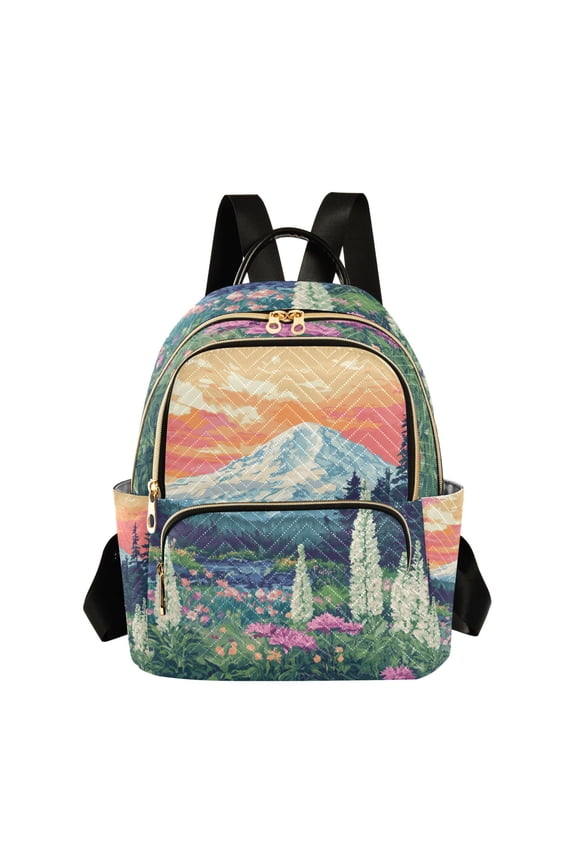 Mini Backpack Purse for Women Quilted Travel Daypack Casual Shoulder Bag, Floral Mountain