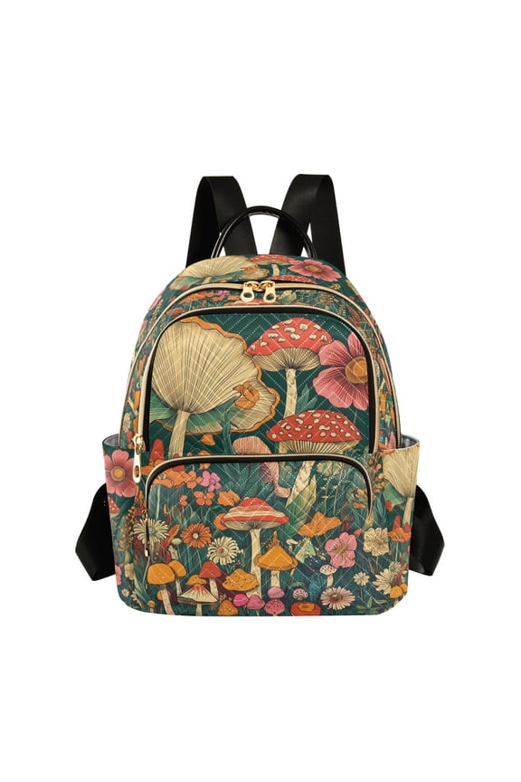 Mini Backpack Purse for Women Quilted Travel Daypack Casual Shoulder Bag, Floral Mushroom