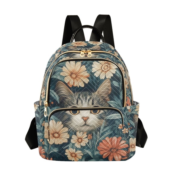 FORMRS Mini Backpack Purse for Women Quilted Travel Daypack Casual Shoulder Bag, Flowers Cat