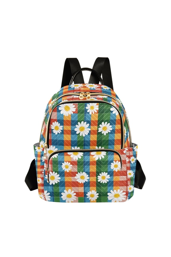 Mini Backpack Purse for Women Quilted Travel Daypack Casual Shoulder Bag, Green Checkered Daisy