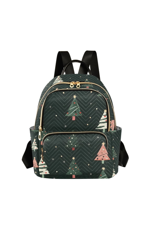 Mini Backpack Purse for Women Quilted Travel Daypack Casual Shoulder Bag, Green Christmas Trees