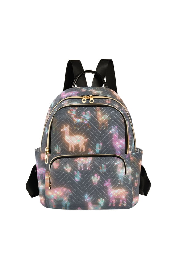 Mini Backpack Purse for Women Travel Daypack Casual Shoulder Bag, Neon Llamas Pattern
