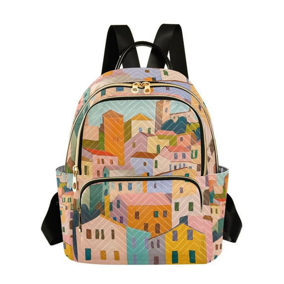 FORMRS Mini Backpack Purse for Women Quilted Travel Daypack Casual Shoulder Bag, Orange Cityscape Painting