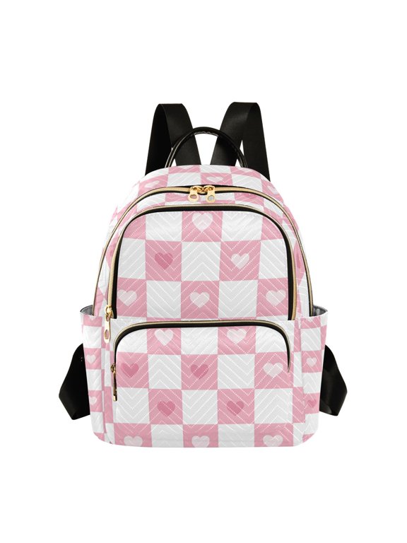 Mini Backpack Purse for Women Quilted Travel Daypack Casual Shoulder Bag, Pink Checkered Heart