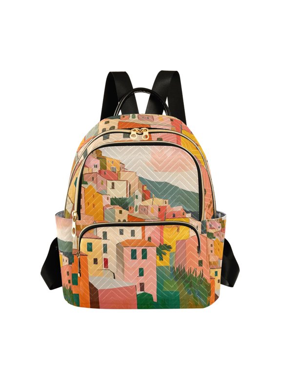 Mini Backpack Purse for Women Quilted Travel Daypack Casual Shoulder Bag, Pink Cityscape Painting