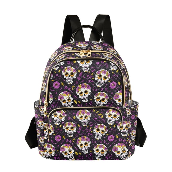 FORMRS Mini Backpack Purse for Women Quilted Travel Daypack Casual Shoulder Bag, Purple Flower Skull Pattern