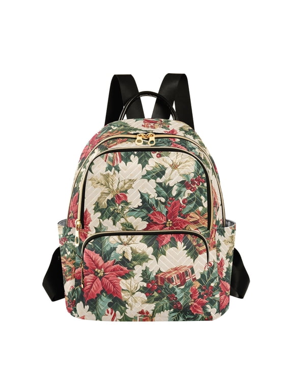 Mini Backpack Purse for Women Quilted Travel Daypack Casual Shoulder Bag, Red Christmas Poinsettia