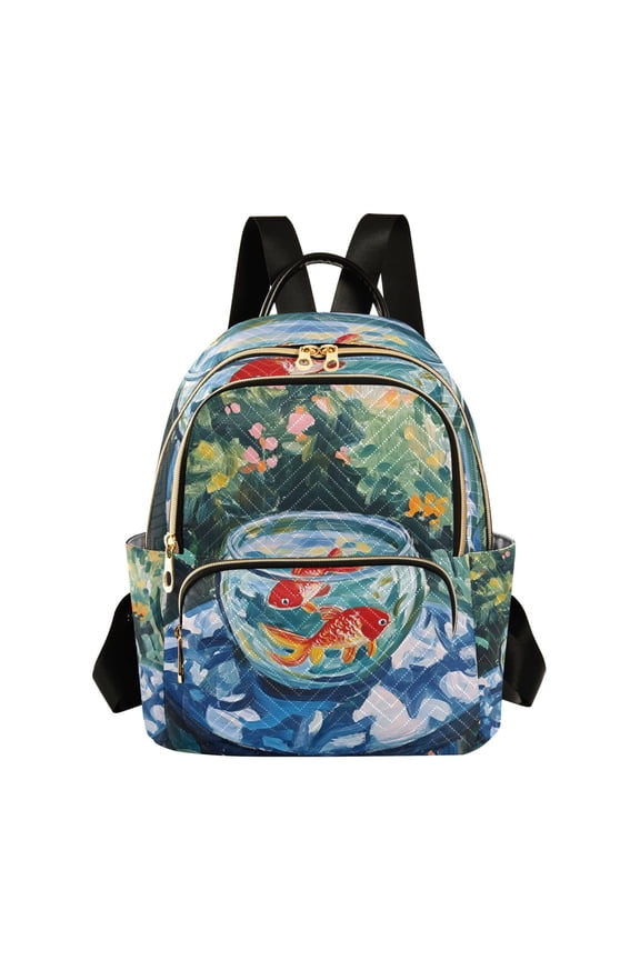 Mini Backpack Purse for Women Quilted Travel Daypack Casual Shoulder Bag, Red Goldfish