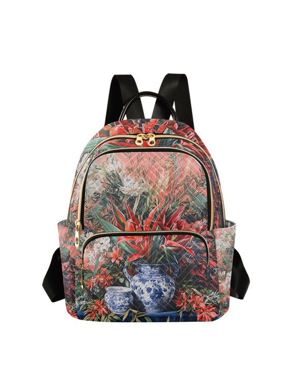 Mini Backpack Purse for Women Quilted Travel Daypack Casual Shoulder Bag, Red Vibrant Flowers