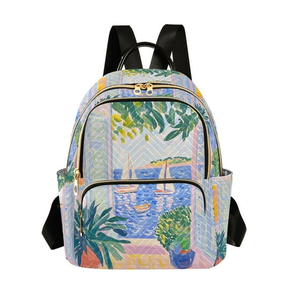 FORMRS Mini Backpack Purse for Women Quilted Travel Daypack Casual Shoulder Bag, Seaside Boat