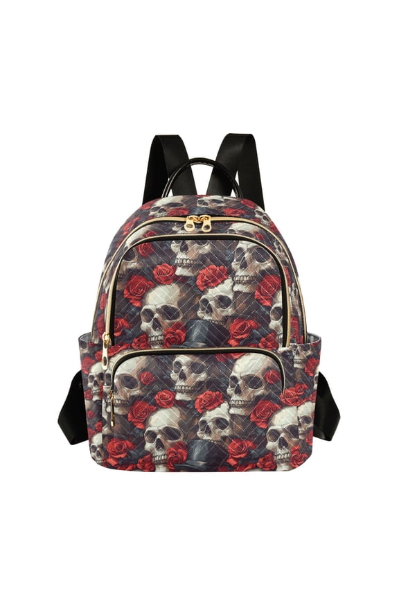 Mini Backpack Purse for Women Travel Daypack Casual Shoulder Bag, Skull Red Rose Hat Pattern