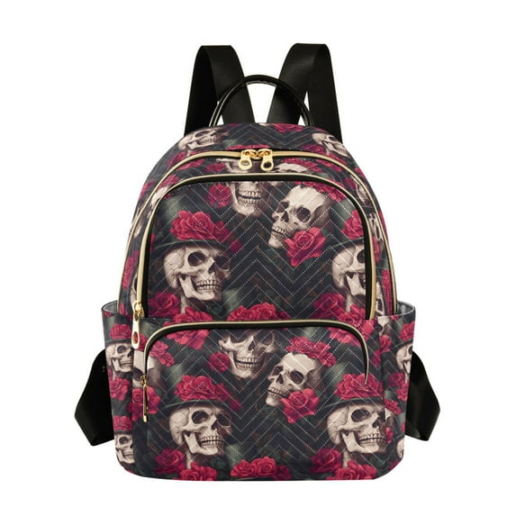 FORMRS Mini Backpack Purse for Women Travel Daypack Casual Shoulder Bag, Skull Red Rose Pattern