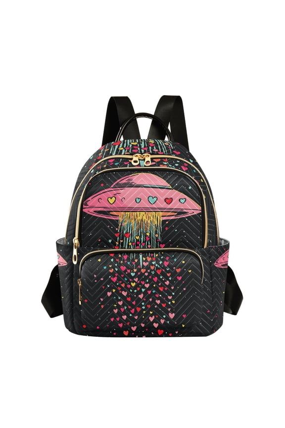 Mini Backpack Purse for Women Travel Daypack Casual Shoulder Bag, UFO with Hearts Pattern