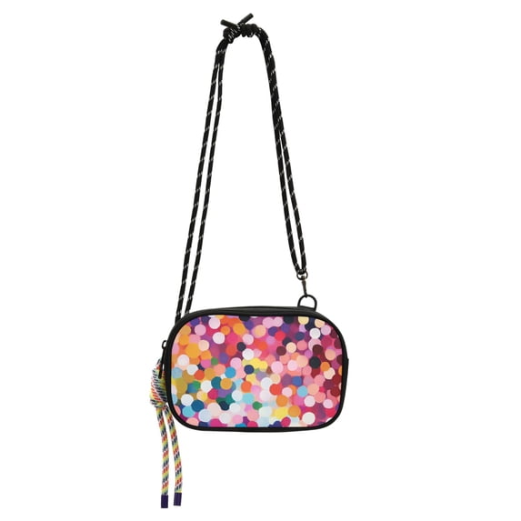 FORMRS Mini Crossbody Bag for Women Adjustable Shoulder Rope Travel Casual Phone Purse, Black Colorful Circles
