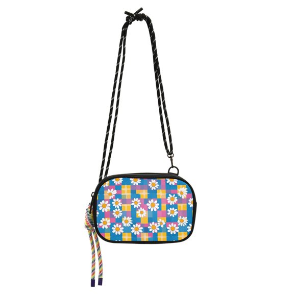 FORMRS Mini Crossbody Bag for Women Adjustable Rope Shoulder Casual Phone Purse, Blue Checkered Daisy