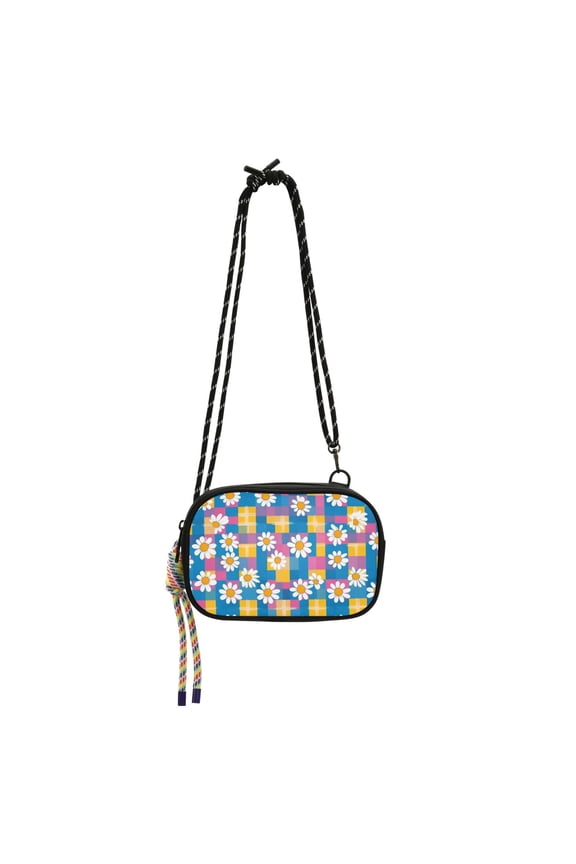 Mini Crossbody Bag for Women Adjustable Shoulder Rope Travel Casual Phone Purse, Blue Checkered Daisy