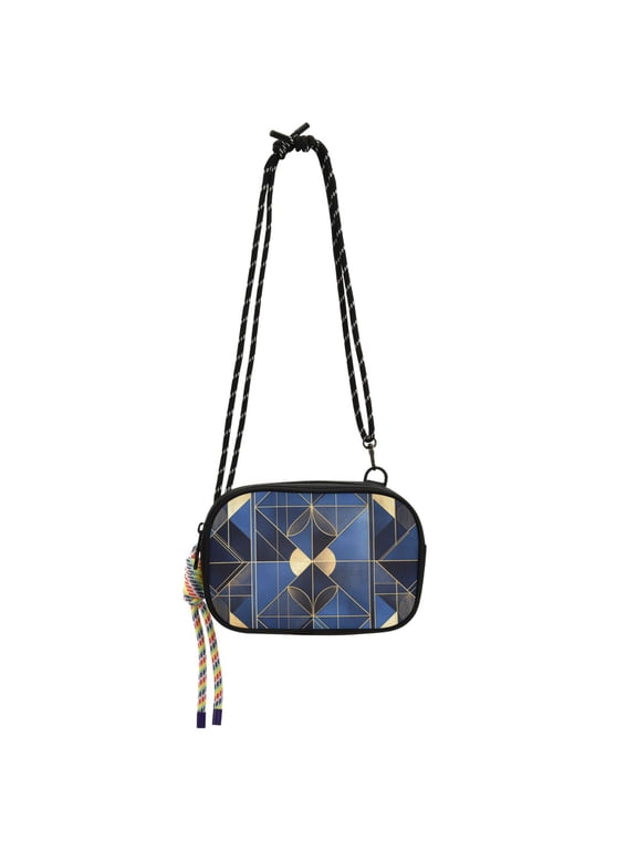 Mini Crossbody Bag for Women Adjustable Shoulder Rope Travel Casual Phone Purse, Blue Geometric Pattern
