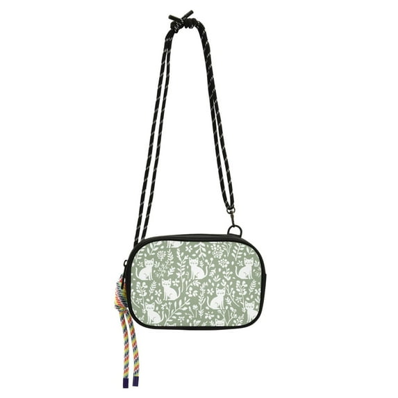FORMRS Mini Crossbody Bag for Women Adjustable Shoulder Rope Travel Casual Phone Purse, Green Floral Cat Pattern