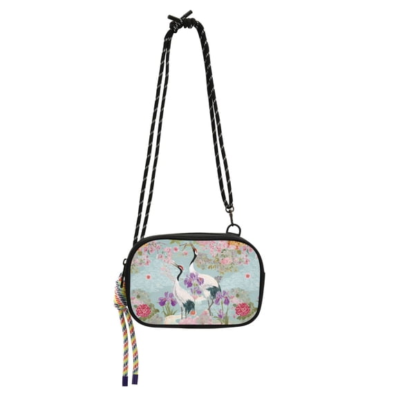 FORMRS Mini Crossbody Bag for Women Adjustable Rope Shoulder Casual Phone Purse, Green Floral Cranes Pattern