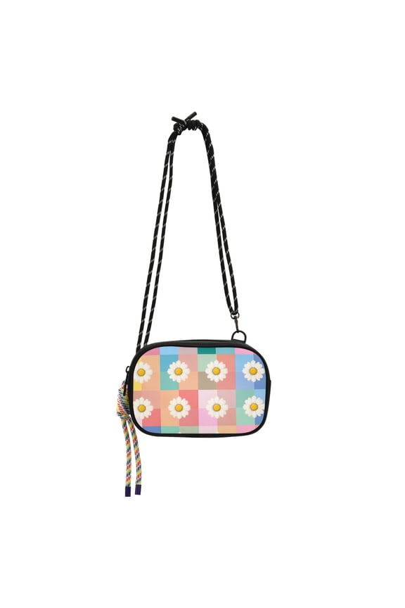 Mini Crossbody Bag for Women Adjustable Shoulder Rope Travel Casual Phone Purse, Pink Checkered Daisy