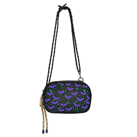 FORMRS Mini Crossbody Bag for Women Adjustable Rope Shoulder Casual Phone Purse, Purple Cartoon Bats Pattern