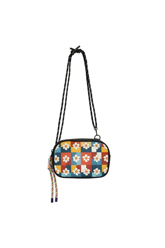 Mini Crossbody Bag for Women Adjustable Shoulder Rope Travel Casual Phone Purse, Yellow Checkered Daisy