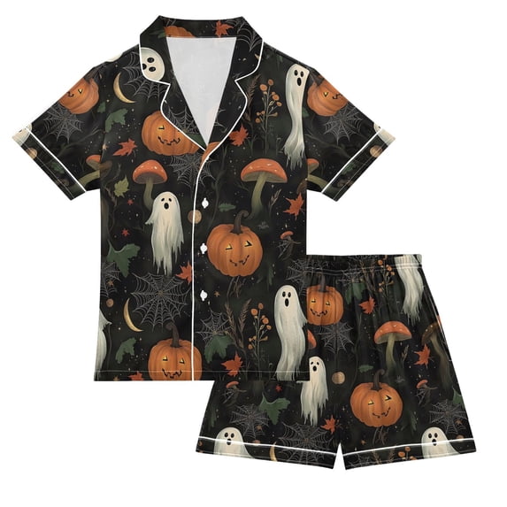 FORMRS Kids Short Sleeve Top and Pants Pajama Set Unisex Satin 2-Piece Sleepwear, Sizes 11-12Y, Autumn Ghost Pattern