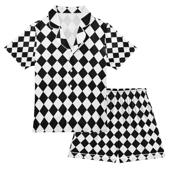 FORMRS Kids Satin Short Sleeve Pajama Set Unisex Top and Pants Soft 2-Piece Sleepwear, Sizes 11-12Y, Black and White Geometric