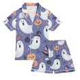 thumbnail image 1 of FORMRS Kids Short Sleeve Top and Pants Pajama Set Unisex Satin 2-Piece Sleepwear, Sizes 11-12Y, Blue Cute Halloween, 1 of 8