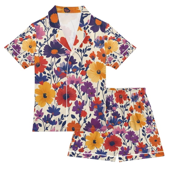 FORMRS Kids Satin Short Sleeve Pajama Set Unisex Top and Pants Soft 2-Piece Sleepwear, Sizes 11-12Y, Colorful Flowers Pattern