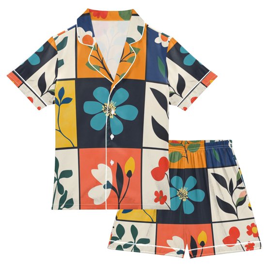 FORMRS Niños Short Sleeve Top and Pants Pajama Set Unisex Satin 2-Piece Sleepwear, Sizes 11-12Y, Floral Patterns