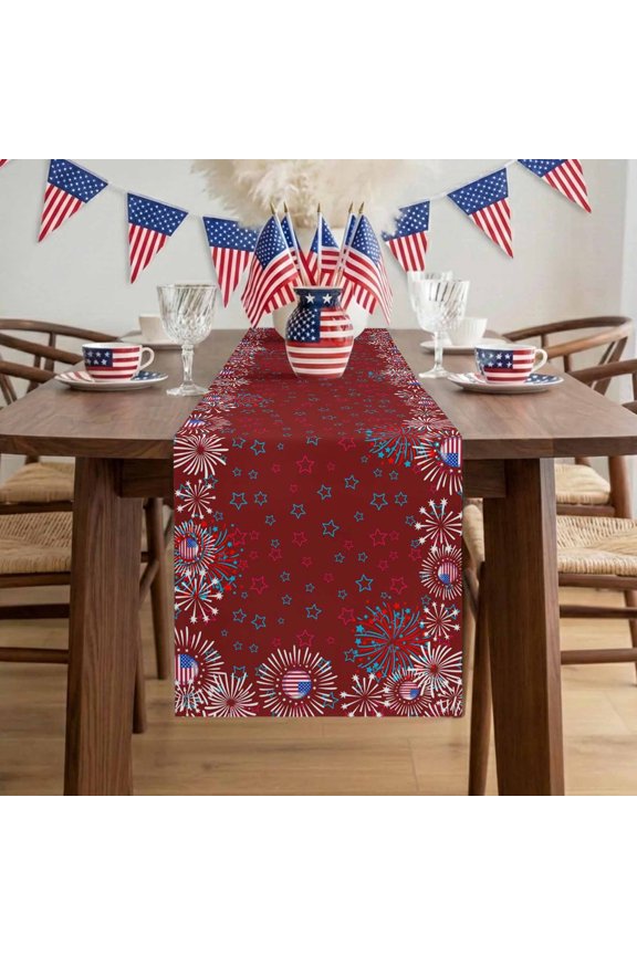 Dark Red Blue Stars Table Runner, Independence Day Sparklers Us Flag Modern Cotton Linen Kitchen Table Decoration Washable Dining Tabletop Runners for Home Party Decor 13x120 Inches