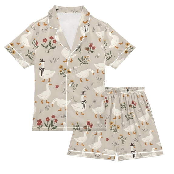 FORMRS Kids Short Sleeve Top and Pants Pajama Set Unisex Satin 2-Piece Sleepwear, Sizes 11-12Y, Gray Cartoon Goose Pattern
