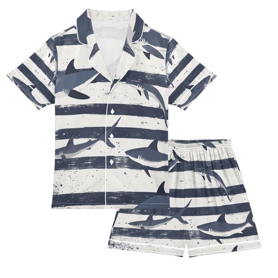 FORMRS Kids Satin Short Sleeve Pajama Set Unisex Top and Pants Soft 2-Piece Sleepwear, Sizes 11-12Y, Light Sharks