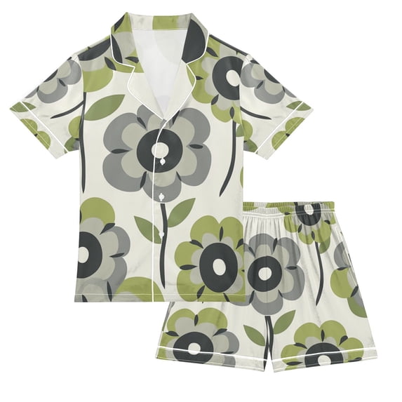 FORMRS Niños Short Sleeve Top and Pants Pajama Set Unisex Satin 2-Piece Sleepwear, Sizes 11-12Y, Retro Flower