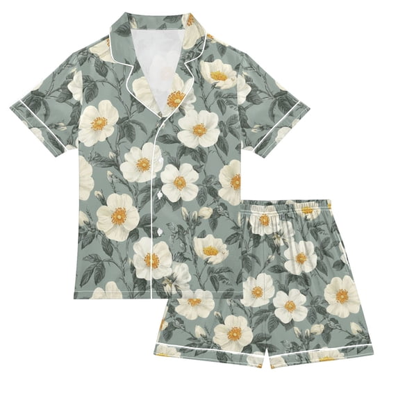 FORMRS Niños Short Sleeve Top and Pants Pajama Set Unisex Satin 2-Piece Sleepwear, Sizes 11-12Y, Sage Green Flower Pattern