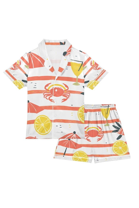 Niños Short Sleeve Top and Pants Pajama Set Unisex Satin 2-Piece Sleepwear, Sizes 11-12Y, Striped Crab