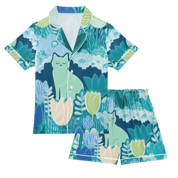 FORMRS Kids Short Sleeve Top and Pants Pajama Set Unisex Satin 2-Piece Sleepwear, Sizes 11-12Y, Vibrant Cat Pattern