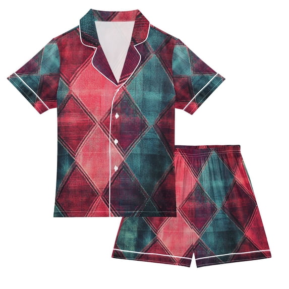 FORMRS Kids Short Sleeve Top and Pants Pajama Set Unisex Satin 2-Piece Sleepwear, Sizes 11-12Y, Vibrant Green Tartan Pattern