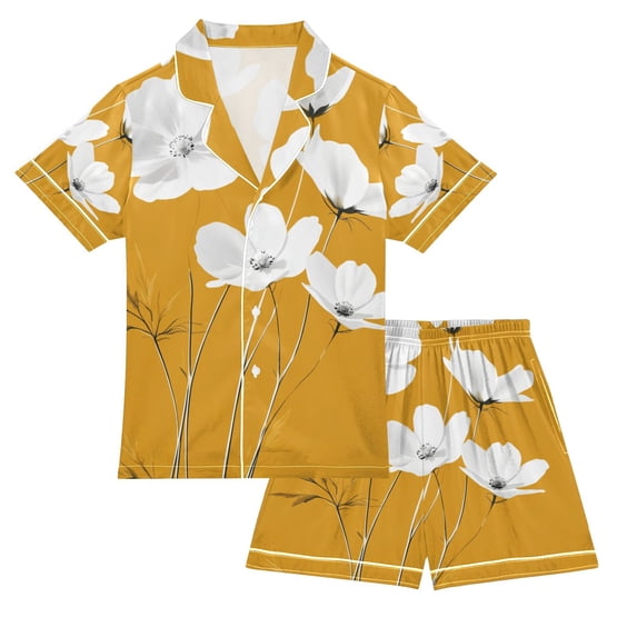 FORMRS Kids Satin Short Sleeve Pajama Set Unisex Top and Pants Soft 2-Piece Sleepwear, Sizes 11-12Y, White Flowers