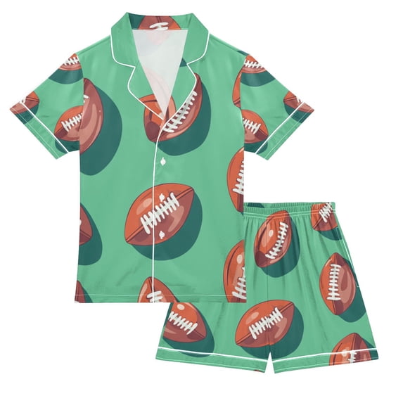 FORMRS Kids Satin Short Sleeve Pajama Set Unisex Top and Pants Soft 2-Piece Sleepwear, Sizes 13-14Y, Brown American Footballs