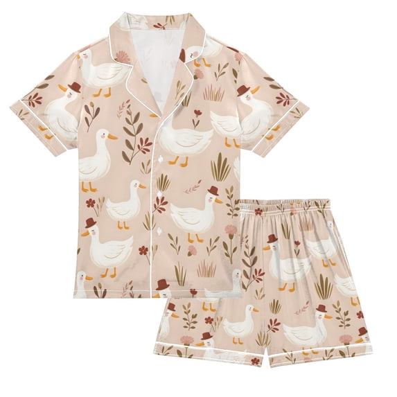 FORMRS Kids Short Sleeve Top and Pants Pajama Set Unisex Satin 2-Piece Sleepwear, Sizes 13-14Y, Cartoon Goose Pattern