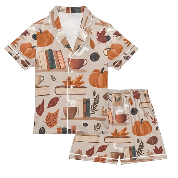 FORMRS Kids Short Sleeve Top and Pants Pajama Set Unisex Satin 2-Piece Sleepwear, Sizes 13-14Y, Fall Acorns Pattern