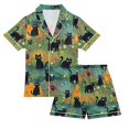 thumbnail image 1 of FORMRS Kids Short Sleeve Top and Pants Pajama Set Unisex Satin 2-Piece Sleepwear, Sizes 13-14Y, Floral Black Cats Pattern, 1 of 8