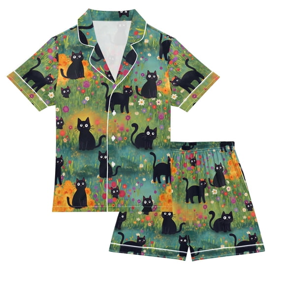 FORMRS Kids Short Sleeve Top and Pants Pajama Set Unisex Satin 2-Piece Sleepwear, Sizes 13-14Y, Floral Black Cats Pattern