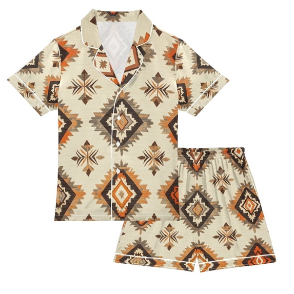 FORMRS Kids Short Sleeve Top and Pants Pajama Set Unisex Satin 2-Piece Sleepwear, Sizes 13-14Y, Geometric Designs
