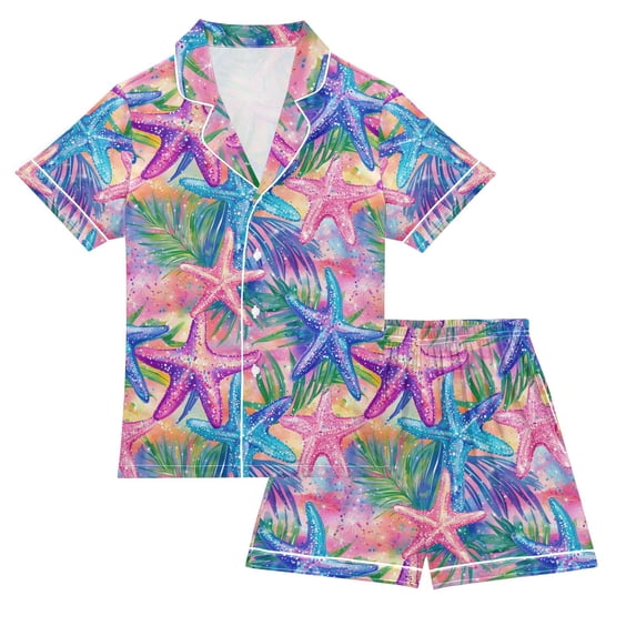 FORMRS Niños Short Sleeve Top and Pants Pajama Set Unisex Satin 2-Piece Sleepwear, Sizes 13-14Y, Gradient Starfish Pattern