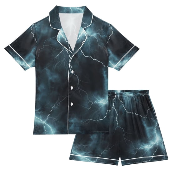 FORMRS Kids Short Sleeve Top and Pants Pajama Set Unisex Satin 2-Piece Sleepwear, Sizes 13-14Y, Lightning Pattern